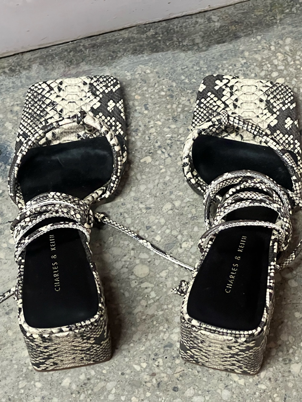 Charles & Keith Black and White Snake-Print Lace-Up Block Heels